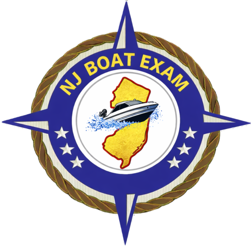 NJ Boat Exam Logo. Boat driving through New JErsey surrounded by a braided rope.
